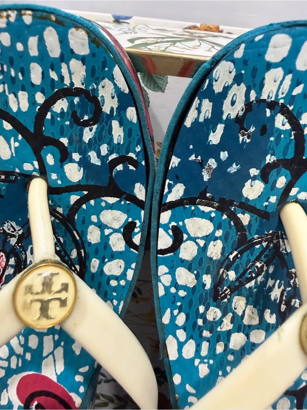 Tory Burch Teal Floral Flip Flops with Cream Straps